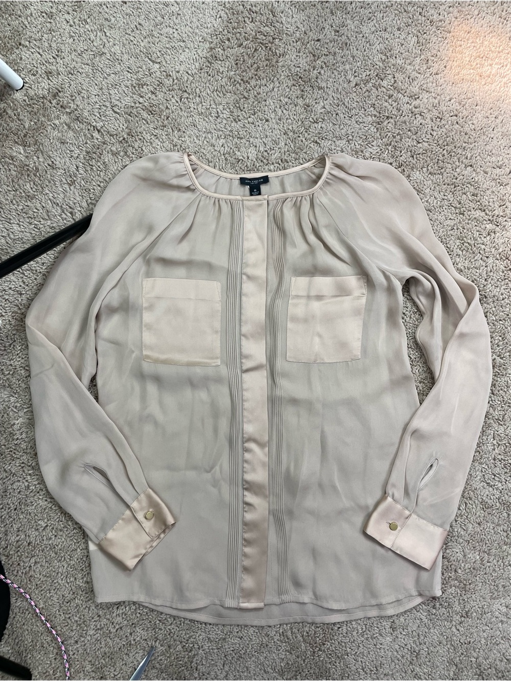Ann Taylor Light Cream Long-Sleeve Blouse with Patch Pockets